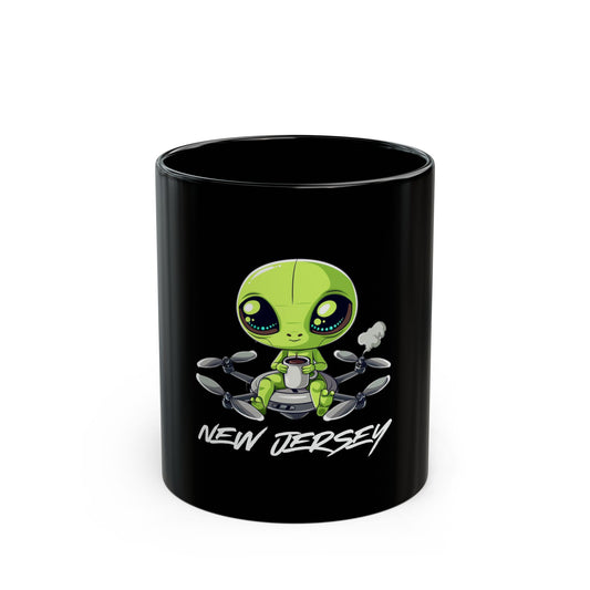 Black Mug (11oz, 15oz) Flying High with Coffee – New Jersey Alien Style!