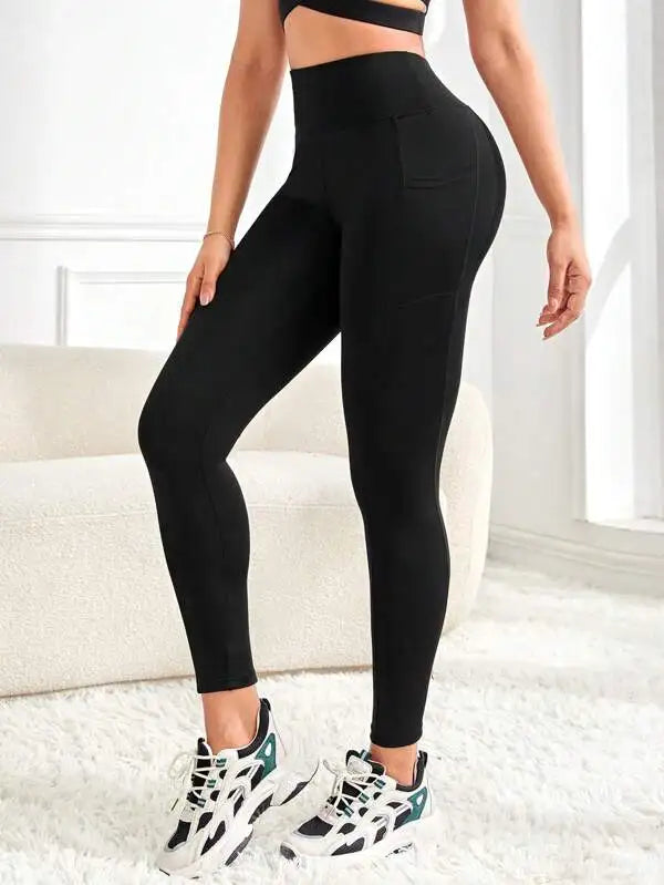 Women's high-waisted solid color pocket yoga leggings, slim-fit stretch leggings, comfortable and breathable fitness pants