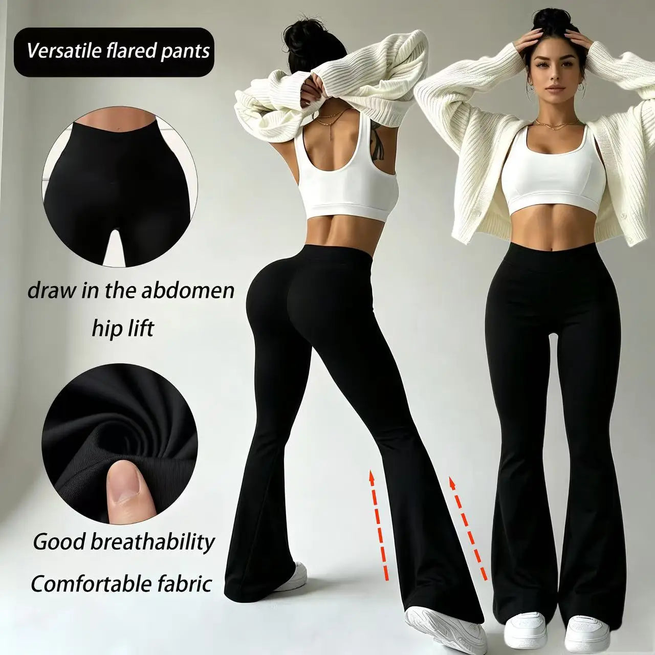 Women's daily exercise high waisted bell bottom pants, waist cinching and hip lifting elastic pants, yoga fitness running