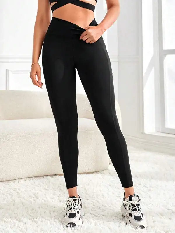 Women's high-waisted solid color pocket yoga leggings, slim-fit stretch leggings, comfortable and breathable fitness pants