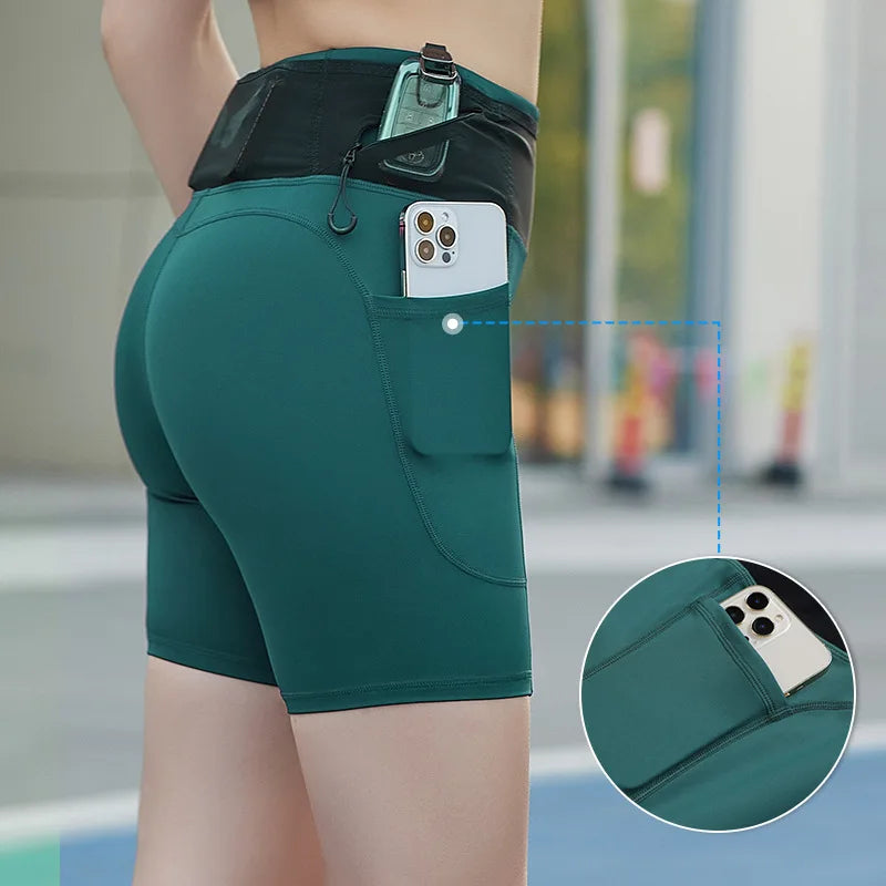Summer Sports Workout Running Shorts with Pockets Women Compression Yoga Shorts Fitness Gym High Elastic Training Sportwear