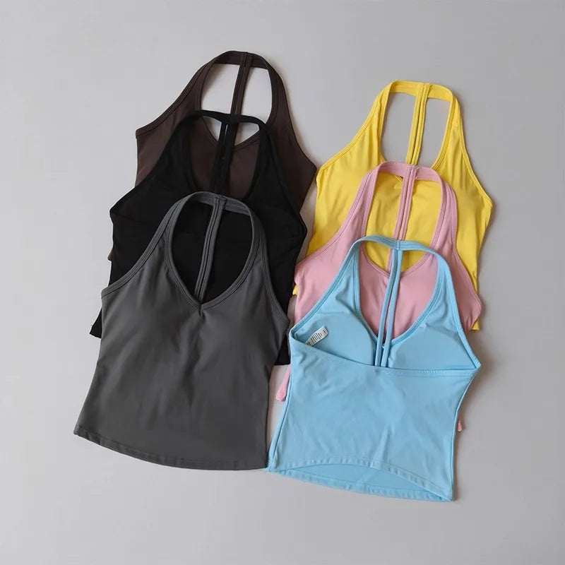 Sports Bra Women's V-neck Halter Neck Beautiful Back Push-up Yoga Vest Gym Top Outer Wear Running Shock-proof Fitness Bra Top