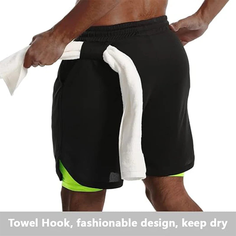 Mens Sport Shorts Sportswear Double-deck Running Shorts 2 In 1 Beach Bottoms Summer Gym Fitness Training Jogging Short Pants Men